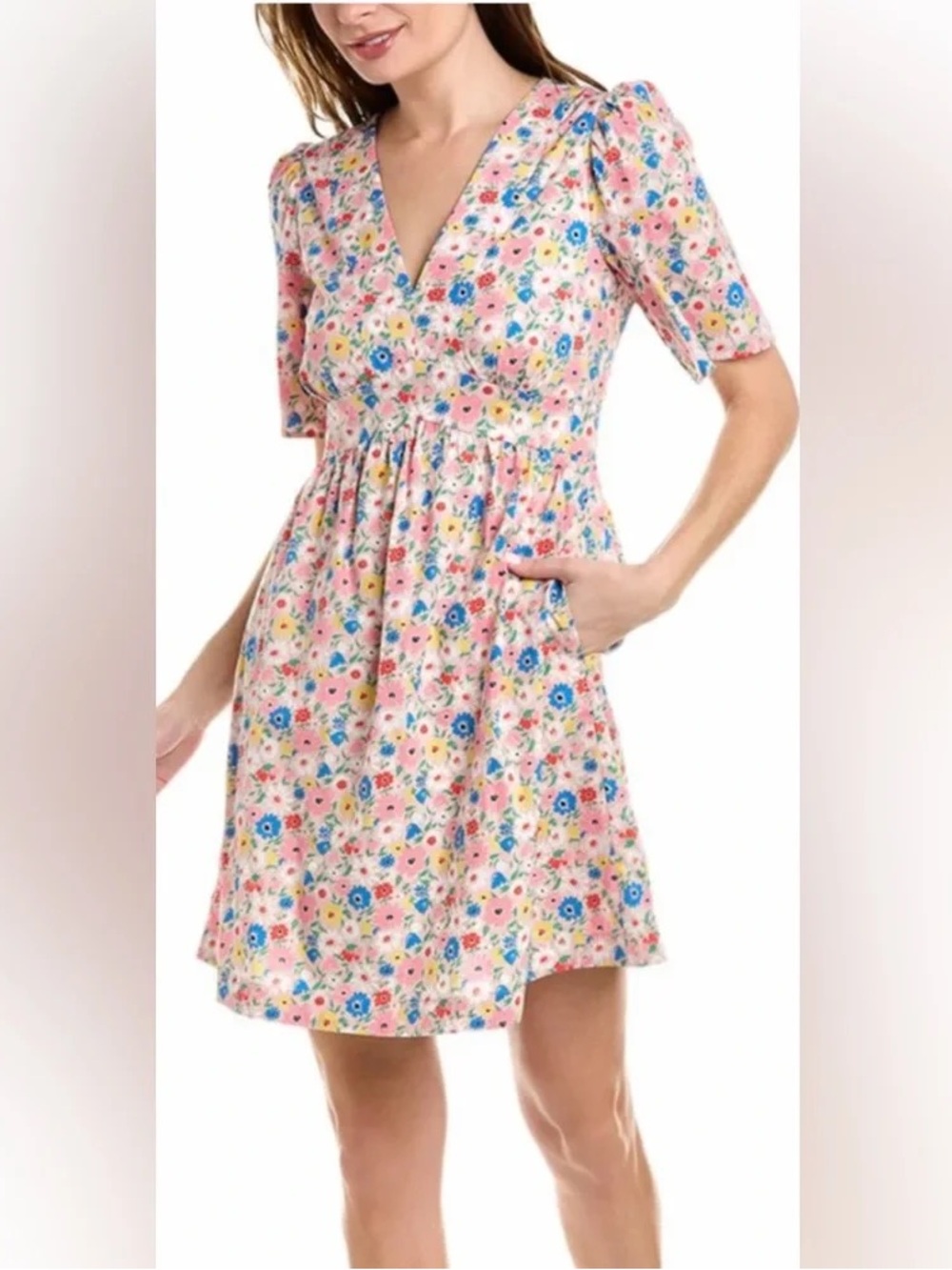 Boden Pink Floral V-Neck Dress with Multicolor Blooms